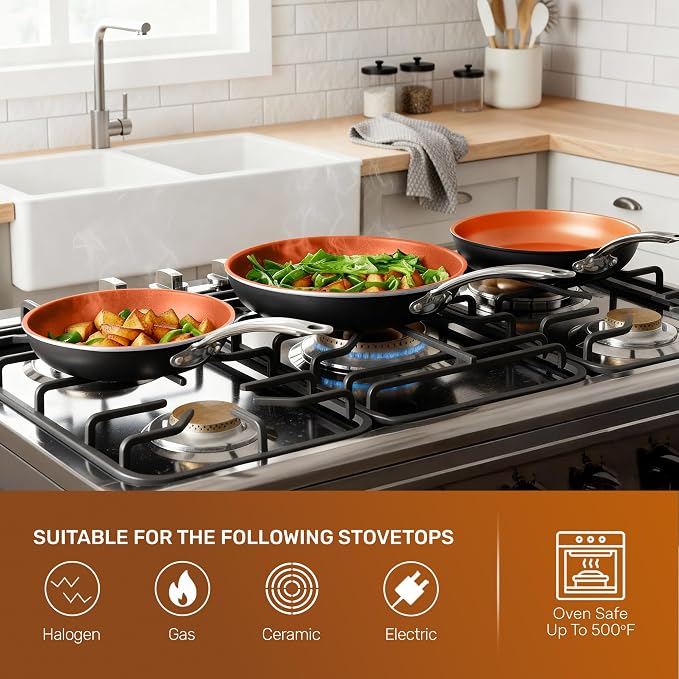 Gotham Steel 9.5 Inch Copper Non Stick Frying Pans Skillet | Ceramic Non Toxic Coating Made Without PFOA/PTFE/PFOS, Lightweight, Stay Cool Handle, Oven and Dishwasher Safe