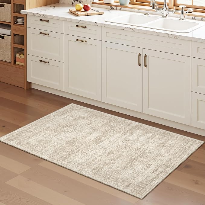 Soalmost 2x3 Washable Rugs for Kitchen, Entryway, Small Area Rug Beige | Non-Slip Vintage Low Pile Throw Door Mat For Bathroom Entry Laundry Powder Room, Stain Resistant Indoor Entrance Floor Carpet