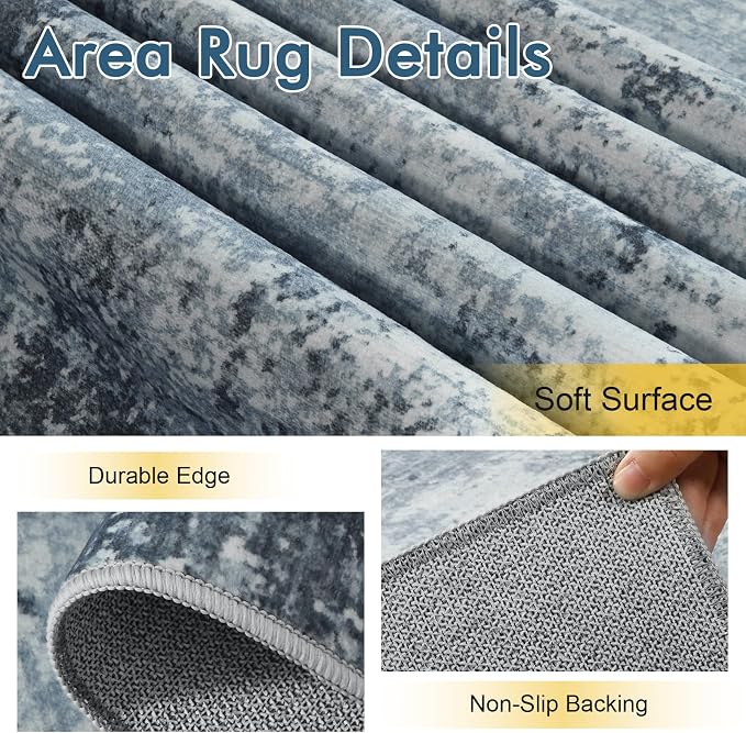2x6 Ft Washable Runner Rug, Non-Slip Low Pile Hallway Kitchen Area Rug, Soft Long Entryway Floor Mat Abstract Pattern Carpet for Bedside & High-Traffic Areas (Blue)