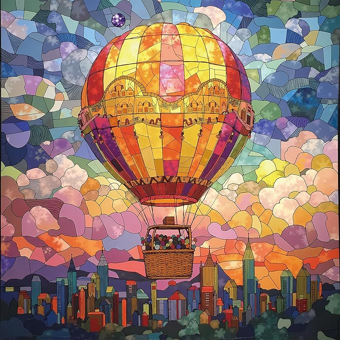 Puzzles for Adults 1000 Pieces - Stained Glass Hot Air Balloon: City in The Clouds, Challenging Jigsaw Puzzles Perfect for Game Night, Gift Giving, Size 24x24 in