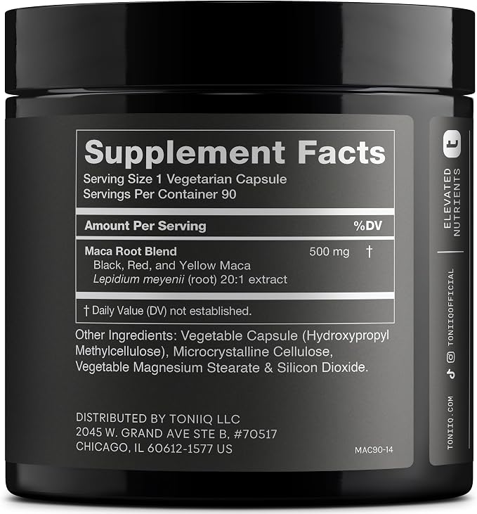 Toniiq Maca Root - Ultra High Potency 20:1 Extract - Black, Red and Yellow Maca Complex - Single Origin, Wildcrafted & Highly Concentrated - Third-Party Lab Tested - 90 Capsules