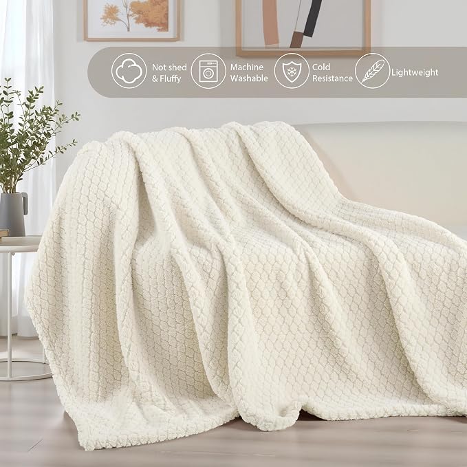 Exclusivo Mezcla Soft Fleece King Size Blanket for Bed, Ivory | Jacquard Lightweight Cozy Bed Blanket, Breathable Decorative Fuzzy Textured All Season Use, 90x104 Inches