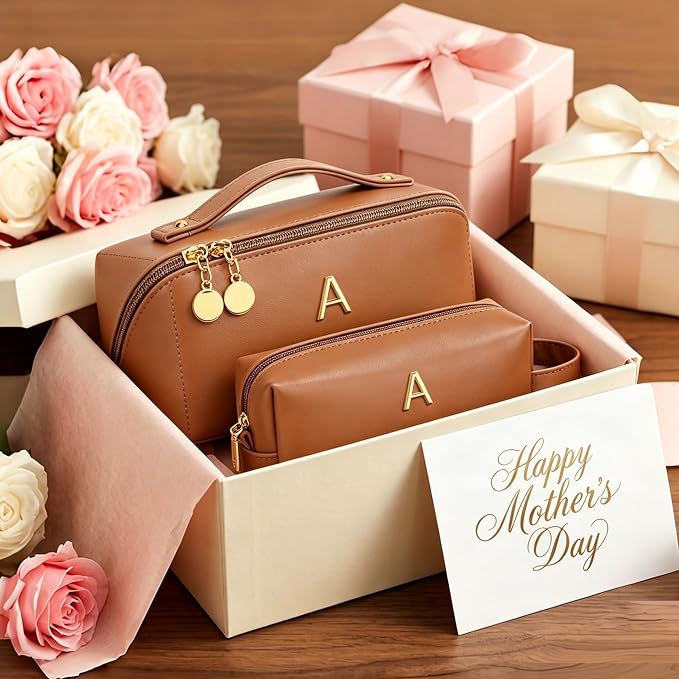 KKXIU Initial Makeup Bag for Women - Personalized Makeup Bag Gifts for Women, Travel Toiletry Bag with PU Leather, Open Flat Design with Top Handle, Cosmetic Bag Set with Multi-Pocket (Brown,B)