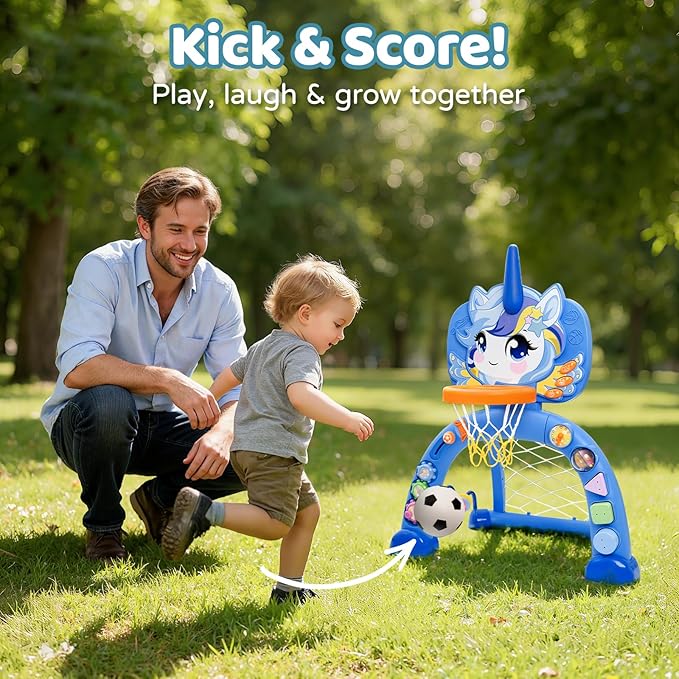 Fabeto Basketball Hoop & Soccer Goal for Toddlers – 3-in-1 Sports Play Set with Ring Toss | Indoor Outdoor Activity Toy for 1 2 3 Year Old Boys | Birthday for Active Play (Blue)