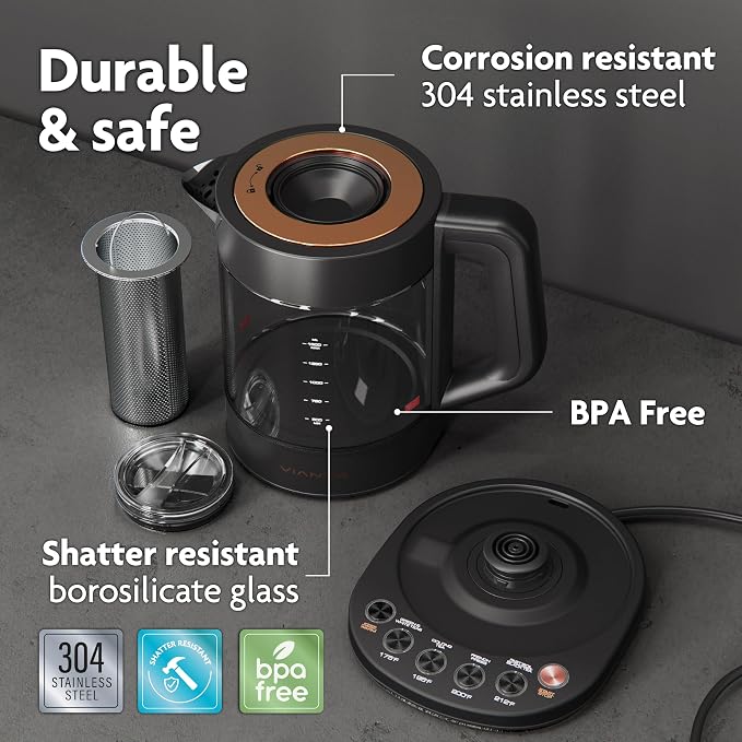 Viante Alba Electric Tea Kettle with Infuser, No Plastic In Contact With Water, 1.5L Borosilicate Glass, 304 Stainless Steel, 4 Temperature Presets, Keep Warm, Cordless, Auto Shut-Off, Black