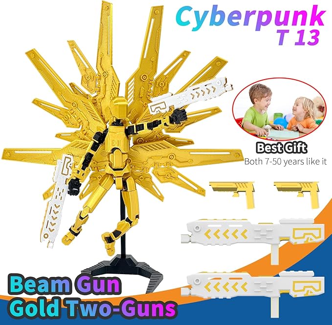 T13 Titan 13 Action Figure Already Assembled, Cyberpunk Futuristic Mecha 3D Printed Action Figure Set Robo 13, Lucky 13, Gift for Dummy Collectors Desktop Decorations (Gold)