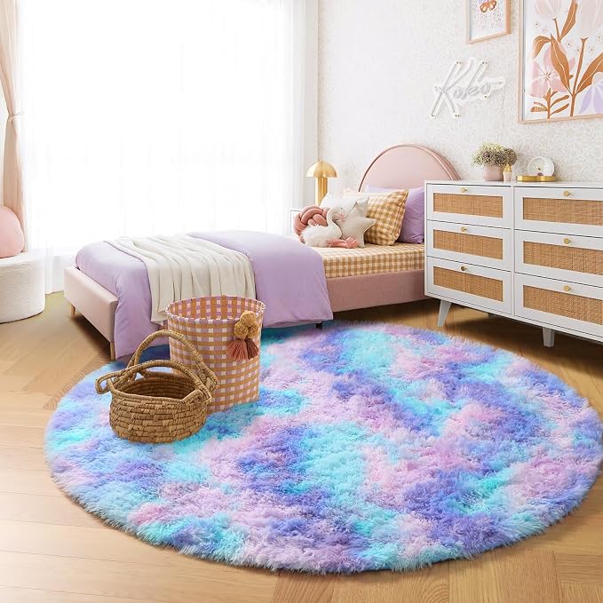 Amdrebio Purple Rainbow Round Area Rug 7Ft for Girls Bedroom Living Room Decor, Colorful Floor Mermaid Kids Rugs for Playroom Nursery Classroom, Fluffy Fuzzy Cute Plush Carpet, Large Big Circle Rug