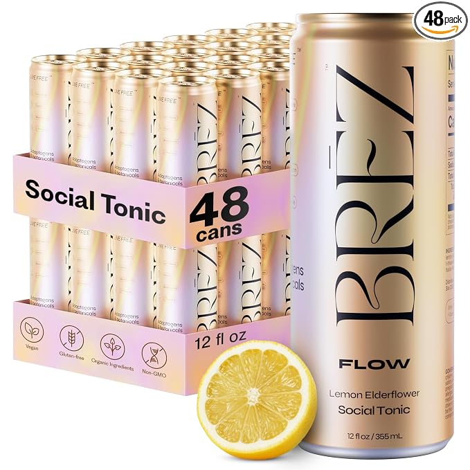 BRĒZ FLOW Alcohol Alternative Drink – Non Alcoholic Sparkling Drink with Lion’s Mane Mushroom, Lemon Elderflower, Adaptogen Beverage for Mood & Focus, Alcohol Alternatives with a Buzz, 48 Pk 12 Fl Oz