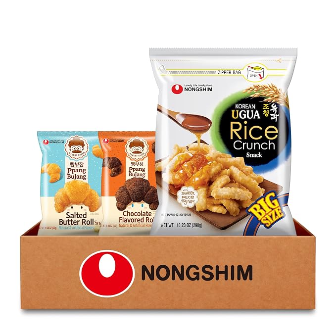 Nongshim Sweet Korean Snack Variety Pack, Asian Snacks Box, 3 Count | Korean bakery-style sweet snack variety with brown rice syrup, chocolate and salted-butter profiles