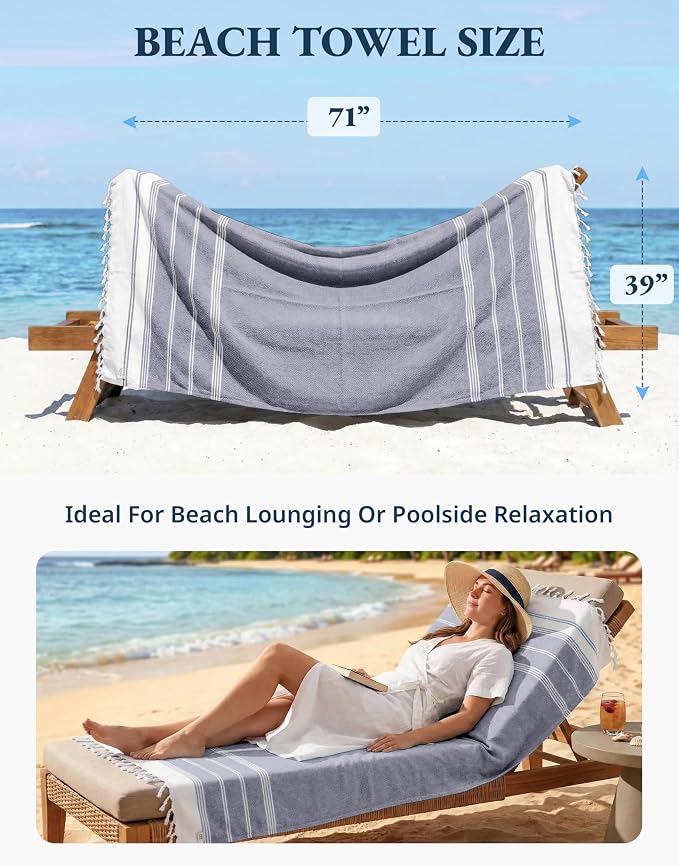 LANE LINEN Beach Towel 2 Pack - Beach Towels Oversized, Pre-Washed Large Beach Towels, Sandless Beach Towel, Quick Dry Travel Towel, Large Pool Towels, 39"x71" - Navy Blazer