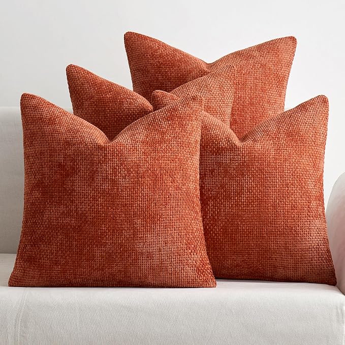 MIULEE Decorative Chenille Fall Pillow Covers Burnt Orange 16x16 Pack of 4 | Fall Home Decor, All Same Color Set, Couch Throw Pillows, Farmhouse Boho Cushion Covers for Sofa Bed Living Room