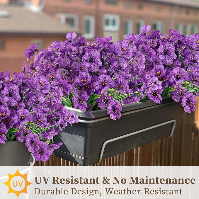 ColoPlay 24Bundles Deep Purple Artificial Flowers for Outdoors, Fake Flower | Fake Plants Outdoors, UV Resistant Faux Flowers for Indoor Outside Garden Porch Window Box Home Wedding Farmhouse