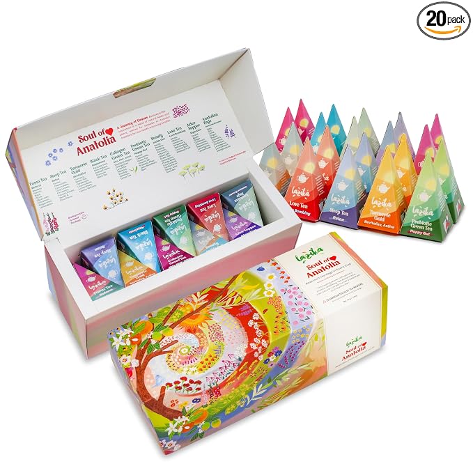 Lazika Tea Sampler with Premium Presentation Box, 20 Counts, 4 of Each Blend Individually Wrapped, Black, Green and Herbal Tea Variety Gift Set, Collection with Pyramid Infuser Bag