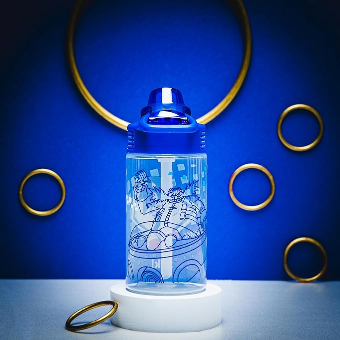Zak Designs Sonic the Hedgehog Sage Water Bottle For School or Travel, 16oz Durable Plastic Water Bottle With Straw, Handle, and Leak-Proof, Pop-Up Spout Cover (Sonic, Eggman)