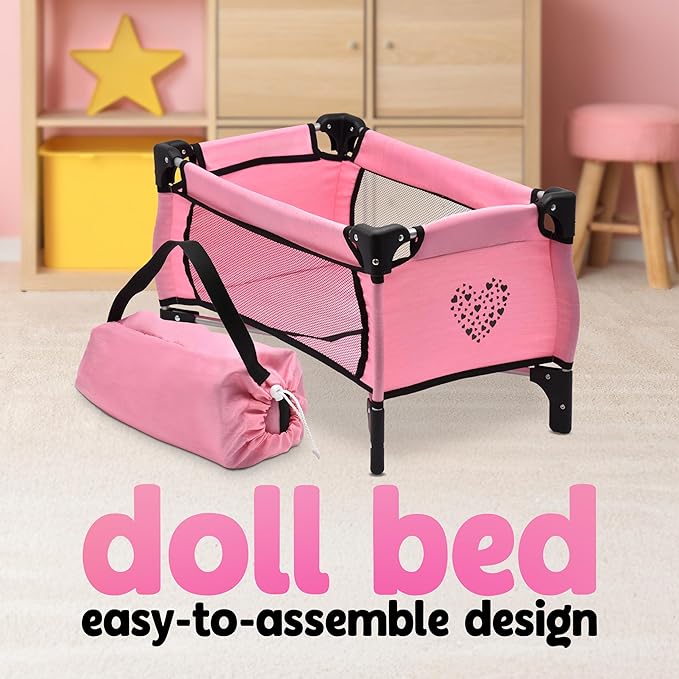 Dolls To Play Baby Doll Stroller Bed and Seat Nursery Playset, Accessories Furniture Set High Chair Diaper Bag Role Play Deluxe Set Heart Design