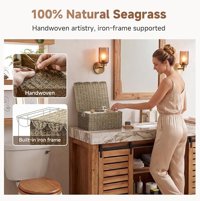 StorageWorks Scalloped Edge Wicker Basket, Seagrass Storage Baskets for Living Room, Bedroom, 15" L x 11 ¼" W x 7" H | Rattan Storage Baskets with Scalloped Edge, Basket with Lid Decorative Storage, Woven Wicker Basket for Living Room, Bedroom