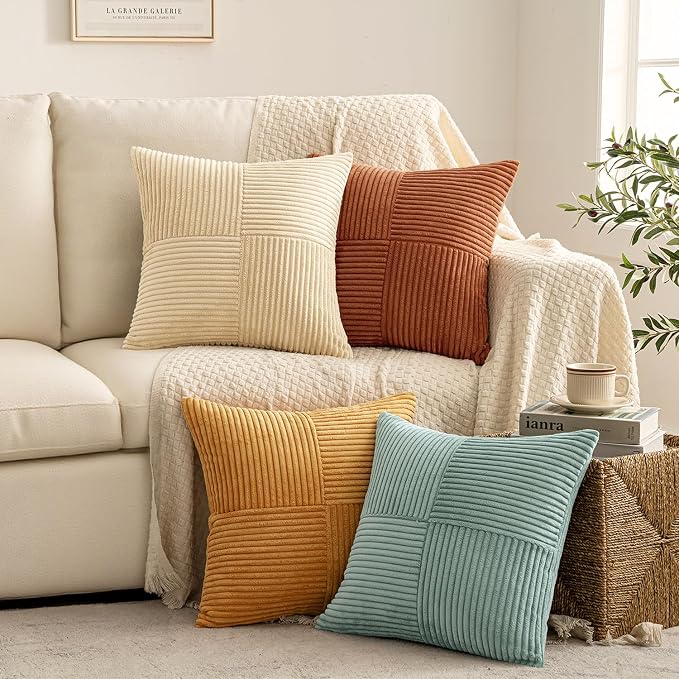 MIULEE Fall Boho Farmhouse Decorative Throw Pillow Covers 18x18 Inch 4 Packs Soft Vintage Pillow Cases Modern Corduroy Patchwork Cushion Covers for Couch Sofa Bed Home Decor, Teal-Rust