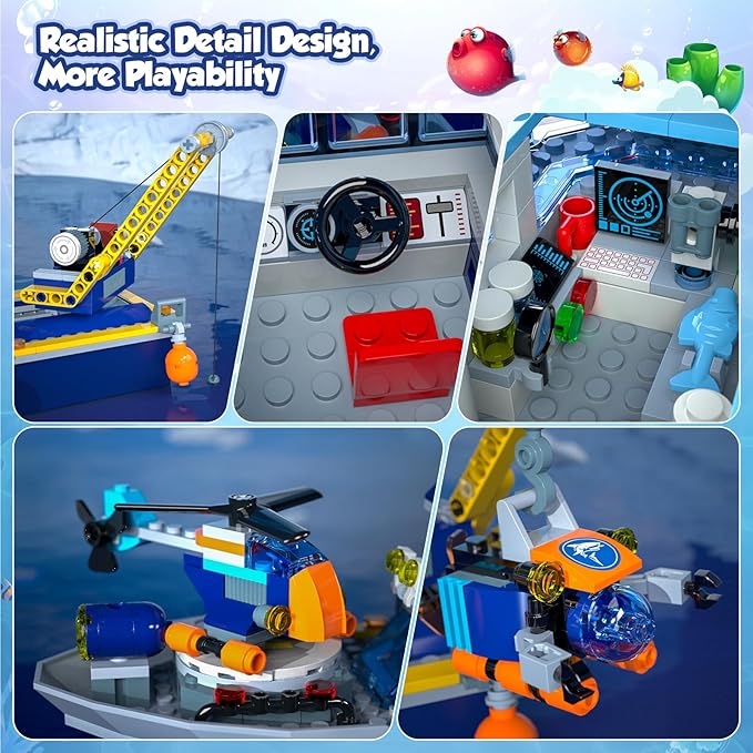 City Floatable Boat Building Set with LED Light, Fun Toy Gift for Kids Boys Girls 6 7 8 9 10+, Compatible with Lego Ocean Arctic Explorer Ship Building Block Kit, Christmas Decoration Party Favor