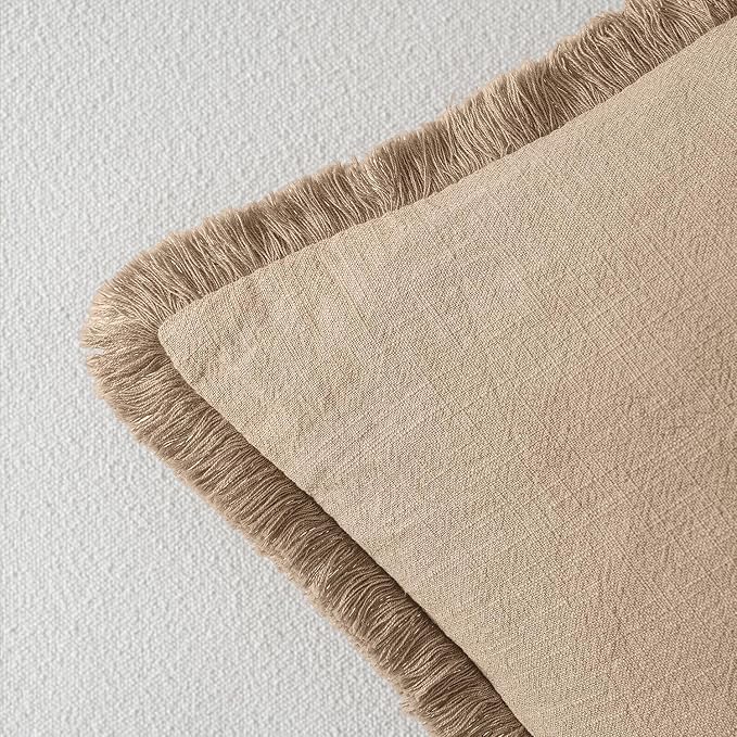 MIULEE Boho Linen Fringe Decorative Throw Pillow Covers Camel 18x18 | Set of 2, Cottagecore Decor, Boho Farmhouse Neutral Pillow Covers, Rustic Couch Cushion Cases for Sofa Bed Living Room