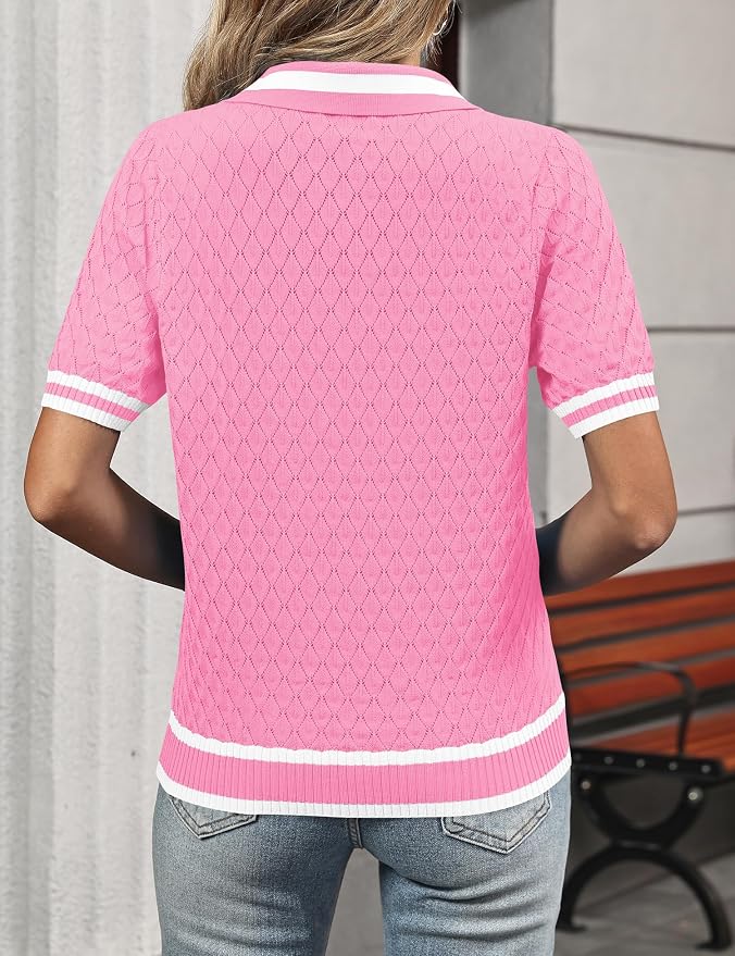 Rapbin Womens Short Sleeve Knit Polo Shirts Summer Spring Sweater Tops | Classic V Neck Collared Shirts Lightweight Business Casual Basic Fashion Pullover Polo Sweater for Work Formal Daily Wear