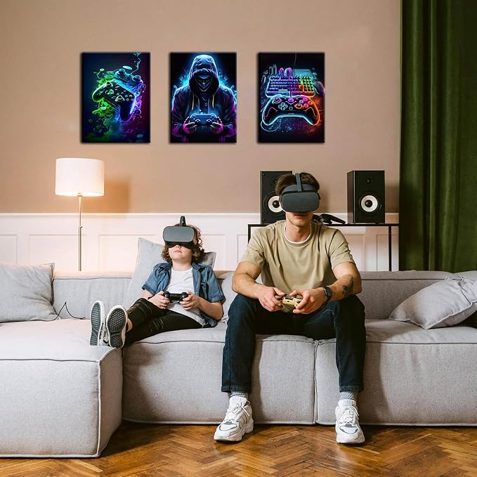 BGFCE Cool Gaming Canvas Wall Art Set of 3, Retro Video Game Watercolor Poster Pictures, Neon Gamepad Gamepad Painting Prints Game Room Bedroom Wall Decor 16x24 in Framed