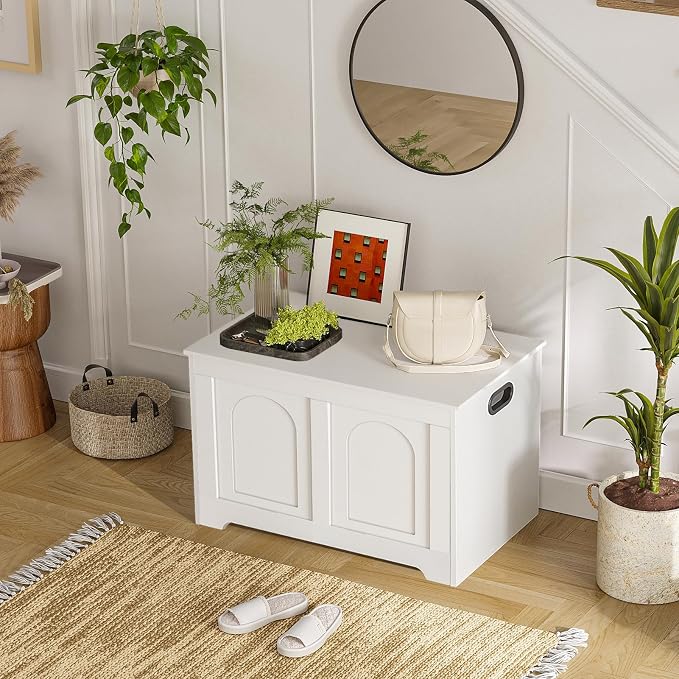 Storage Chest, Wooden Toy Box, White 31.5" L | Entryway Shoe Bench, 2 Soft-close Hinges, Finger-safe Flip-Top Lid, Easy Assembly, Farmhouse Large Trunk, Living Room/Bedroom