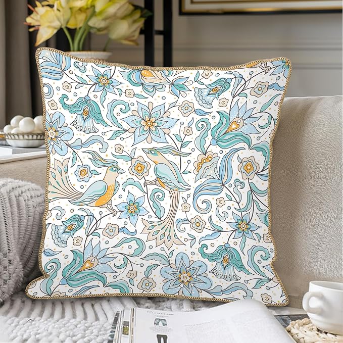 KSLIDS Vintage Floral Soft Velvet Throw Pillow Covers Set of 2 Blue Yellow Flower Birds Decorative Pillow Covers 18x18 Inch Chinoiserie Country Pillow Case for Sofa Couch Bedroom Farmhouse Home Decor