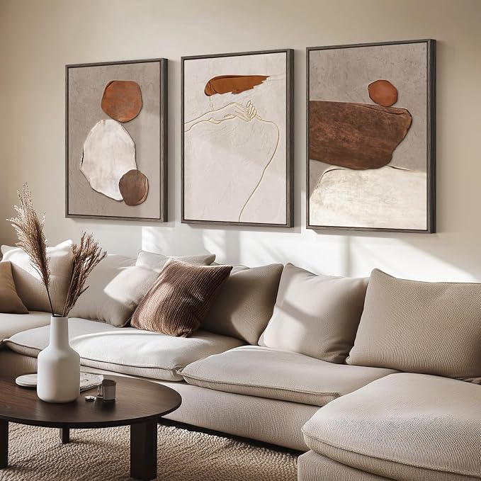 Large Framed Neutral Abstract Wall Art, Set of 3, Beige Brown, 24x36 In | Rustic canvas prints paintings, Wood frame, Minimalist stone pictures, Modern Wall decor for Living Room Hallway Stair Office