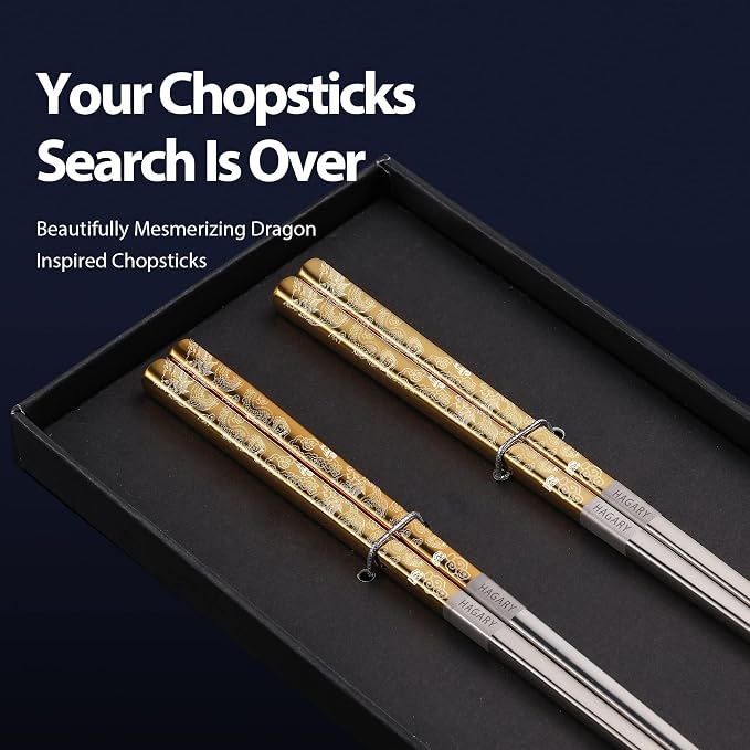 Hagary Dragon Chopsticks Metal Reusable Designed In Korea Japanese Style Stainless Steel 316 18/10 Non-Slip 2 Pairs Dishwasher Safe Laser Etched (Gold)