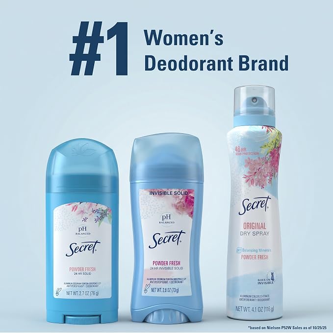 Secret Antiperspirant and Deodorant for Women, 24hr Sweat & Odor Protection, PH Balanced Protection, Gentle on Skin, Wide Solid, Powder Fresh Scent, 2.7 oz (Pack of 3)
