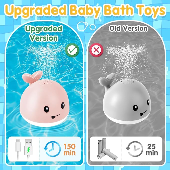 Baby Bath Toys for Kids Ages 1-3, Valentines Day Gift for 1 2 3 Year Girl, Whale Bath Toy Sprinkler Light up Bath Toys for Babies 6-12 Months, Toddler Bathtub Toys Newborn Baby Birthday Gifts