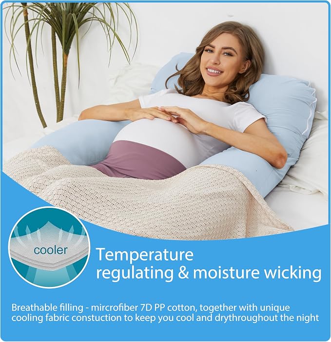 ZZZhen Pregnancy Pillow for Sleeping, U Shaped Maternity Pillow - 56 Inch with Grey Microfiber Removable Cover, Multi- Use and Support Back, Hips, Legs, Belly for Pregnant Blue Women Sleeping