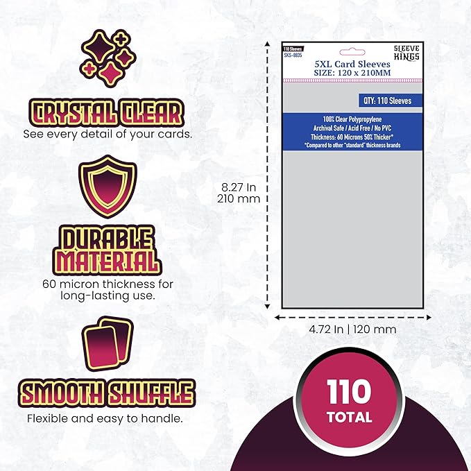 Sleeve Kings Standard Card Sleeves – 110 Count, Clear 60 Micron Thickness, XXL Size (120 x 210 mm), Compatible with Oathsworn & More – SKU: SKS-8835