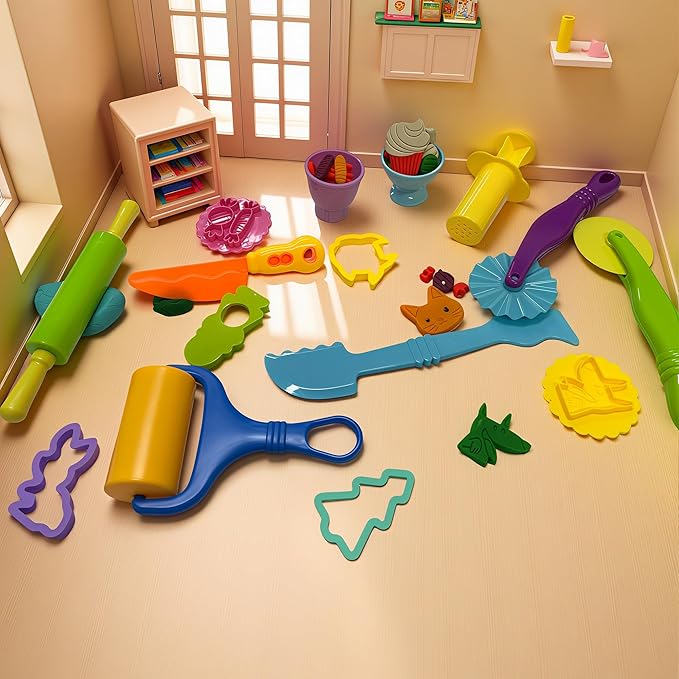Dough Tools Set for Kids, 13 Pcs Dough Tools Sets for Kids Ages 4-8, Includes Molds Cutters Roller, Rolling Pins, Safety Scissors, Plastic Knife (color02)