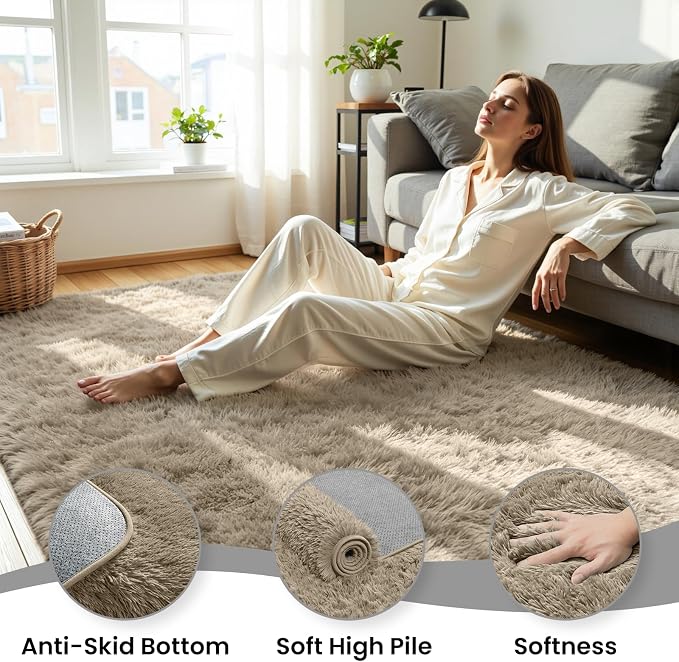 6x9 Area Rug for Living Room, Ultra Soft Fluffy Grey Camel Rugs for Bedroom, Non Slip Large Shag Carpet, Fuzzy Plush Nursery Rug, Thick Washable Indoor Floor Carpets for Kids Office Dorm Home Decor