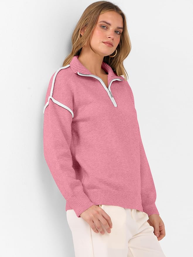 ANRABESS Womens Quarter Zip Sweaters Fall Long Sleeve V Neck Shirts Collared Business Casual Tops Knit Pullover Sweatshirts