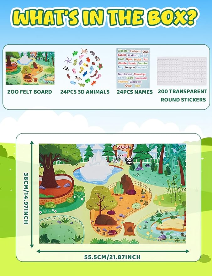 SHUWND MINI 3D Printed Zoo Animals Felt Story Board Set, 25Pcs Jungle Animals Toys, Thicker Flannel Board, Preschool Learning Toy, Interactive Storytelling Teaching 3D Printed Toys Play Activity Kits