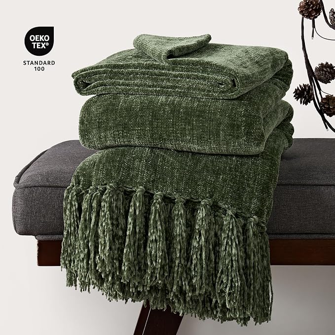 Chenille Knit Throw Blanket for Couch, 60"x80", Olive Green | Cozy Plush Fuzzy Knittd Throw with Tassels, Lightweight, Decorative, Farmhouse Decor, Ideal for Bed Sofa Gift, All Seasons