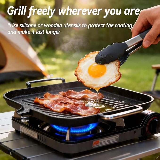 Nonstick Korean BBQ Grill Pan, Square | Marble nonstick square griddle for 3-5, fits gas,induction,stovetop, oil drain, gloves, easy clean BBQ, indoor