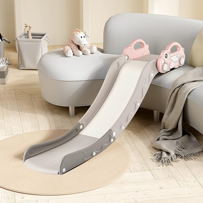 Indoor Kids Baby Couch Slide for Toddler 1-3, Sofa Slide Add-on Attachment for Bed Nugget Playgrounds, with Secure Base Guardrail, Gentle Slope Extended Buffer Zone, Fun Car Design, Pink