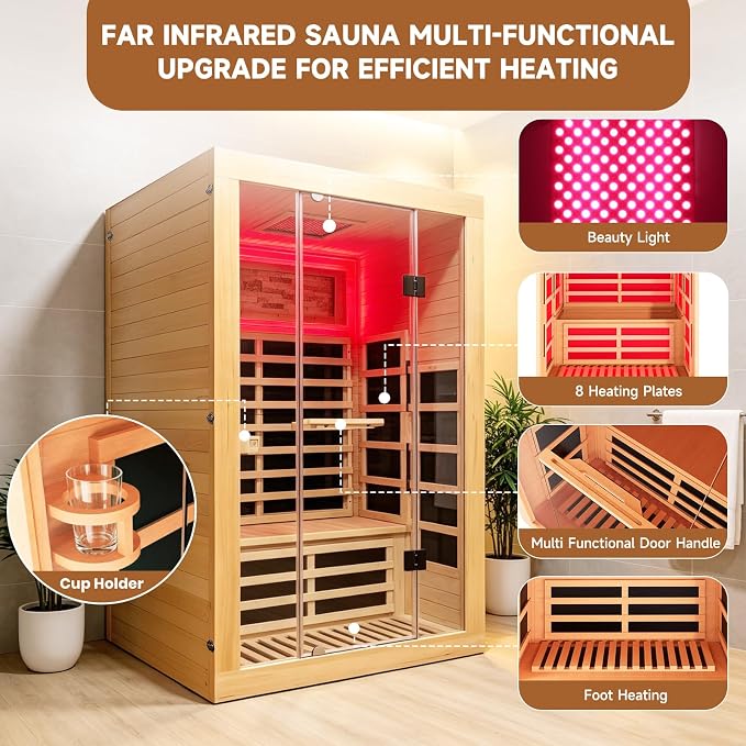 Infrared Sauna 2 Person Far Infrared Sauna Low-EMF Canadian Hemlock Wood Indoor Dry Saunas with Red Infrared Beauty Light Bluetooth Speaker Two Person Sauna 2250W 47.3 * 41.3 * 74.8 in