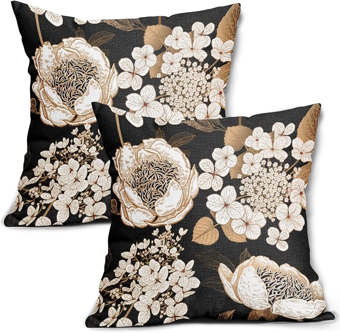 Vintage Flowers Pillow Covers 18X18 Inch Set of 2 White Floral Gold Leaves Botanical Decorative Pillow Cases Rustic Black Cotton Linen Cushion Case Farmhouse Home Decor For Sofa Couch Living Room
