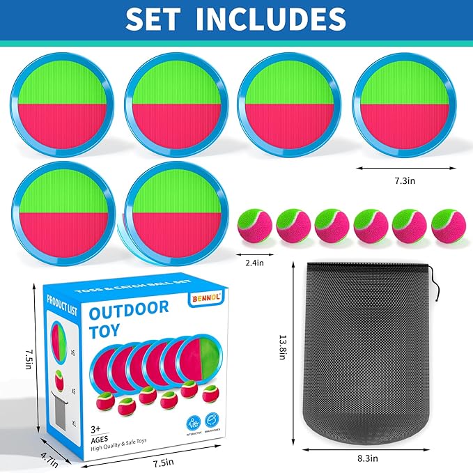 Bennol Toss and Catch Ball Game Outdoor Toys for Kids, Outdoor Outside Games Toys for Kids Ages 3 4 5 6 7 8 9 10, Yard Backyard Games Beach Outside (6 Paddle 6 Balls)