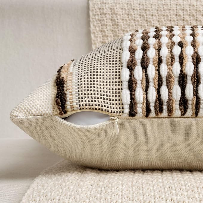 ANRODUO Boho Decorative Pillow Covers Dark Brown Stripe 18x18 Pack of 2 | Throw Pillow Covers, Farmhouse Cushion Case, Chenille Pillow Cases, Pillow Covers, Accent Neutral Pillowcase for Couch Bed