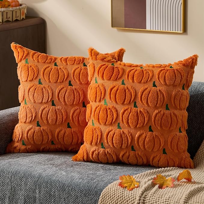 DFXSZ Fall Pillow Covers 18x18 2Pcs Orange Green Pumpkin Fall Decorations | Fall decor Set of 2 Throw Pillow Cases Soft Plush Faux Fur Wool Couch Cushion for Chair Sofa Bedroom Living Room Home Decor