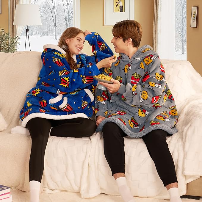 Giggling Getup Wearable Blanket Hoodie for Adults Gifts for Teen Girls Sister Women Sherpa Fleece Printed Hooded Blanket Sweatshirt Warm Cozy with Pocket & Sleeves Grey Chicken Nuggets Fries