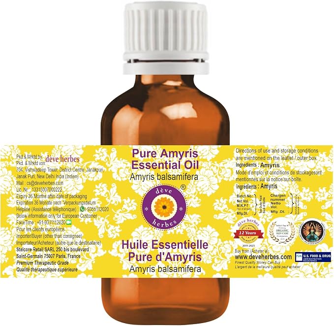 Deve Herbes Pure Amyris Essential Oil (Amyris balsamifera) Steam Distilled (Pack of Three) 100ml X 3 (10 oz)