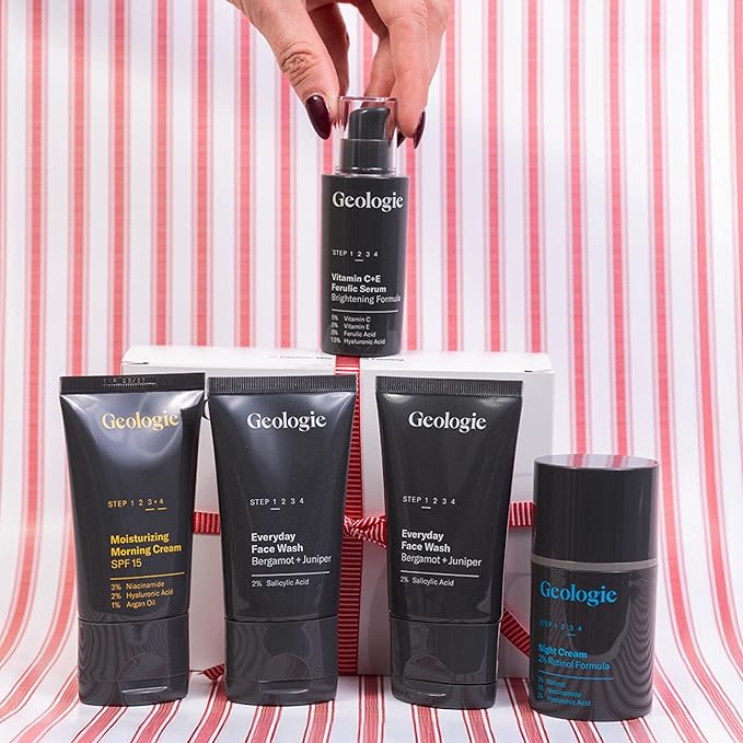 Geologie Skincare Gift Set | 5-Piece Kit Includes 2 Face Washes, SPF15 Moisturizer, Retinol Cream & Vitamin C Serum | Daily Routine for Clear, Healthy Skin for Men and Women | Lasts 3 Months