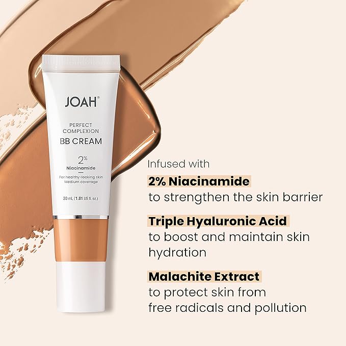 JOAH Beauty Perfect Complexion BB Cream with Hyaluronic Acid and Niaciminade, Korean Makeup with Medium Buildable Coverage, Evens Skin Tone, Lightweight, Semi Matte Finish, Fair with Cool Undertones
