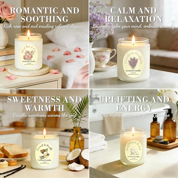 4 Pack Scented Candles Gift Set, Natural Soy Wax Non Toxic 28 oz for Home | Aromatherapy Candles Lavender Eucalyptus Vanilla Coconut Rose, Housewarming Relaxation Spa Birthday teacher Gifts for Women